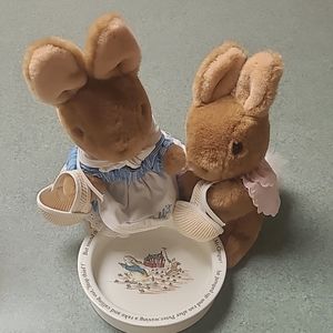 Peter Rabbit Wedgwood child's dish and 2 stuffed animals.  Mrs. Rabbit & Flopsy.